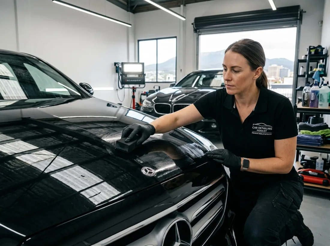 Detailer applying ceramic coating to a car in Tasmania