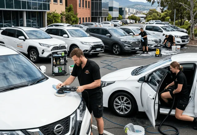 Fleet of work vehicles detailed for a Hobart business