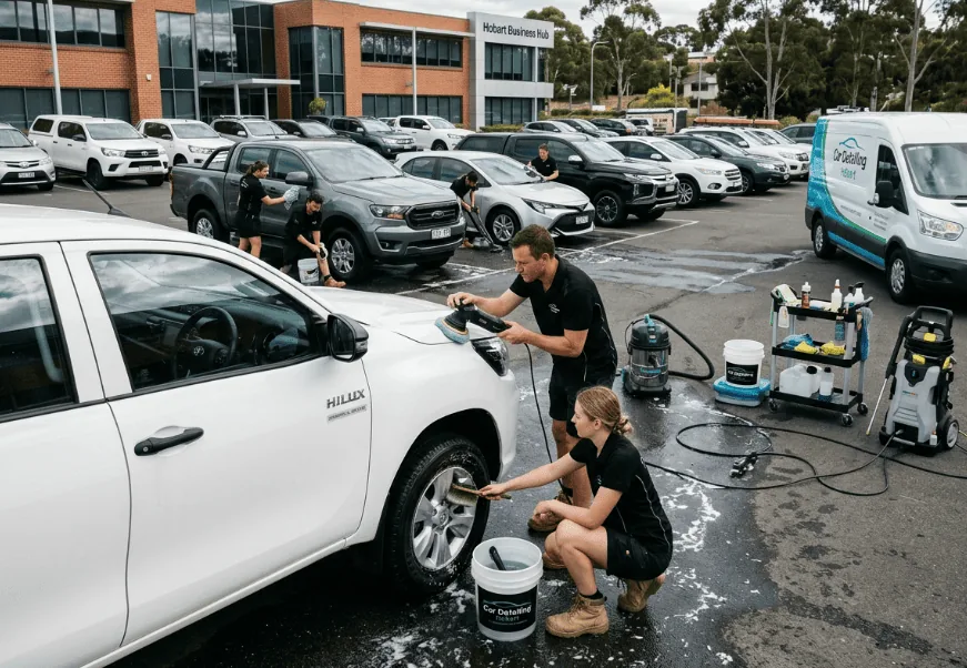 Fleet of work vehicles detailed for a Hobart business