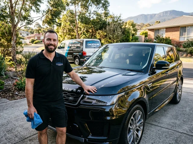 Mobile detailer completing a full interior and exterior detail beside a Hobart driveway
