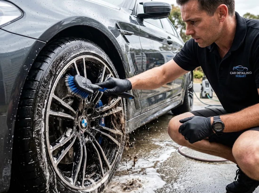 Detailer cleaning an alloy wheel after driving rural Tasmanian gravel roads