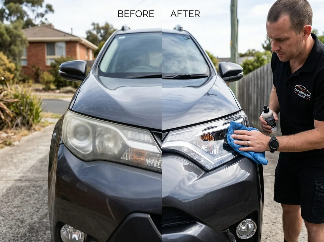 Before and after headlight restoration on a car in Hobart