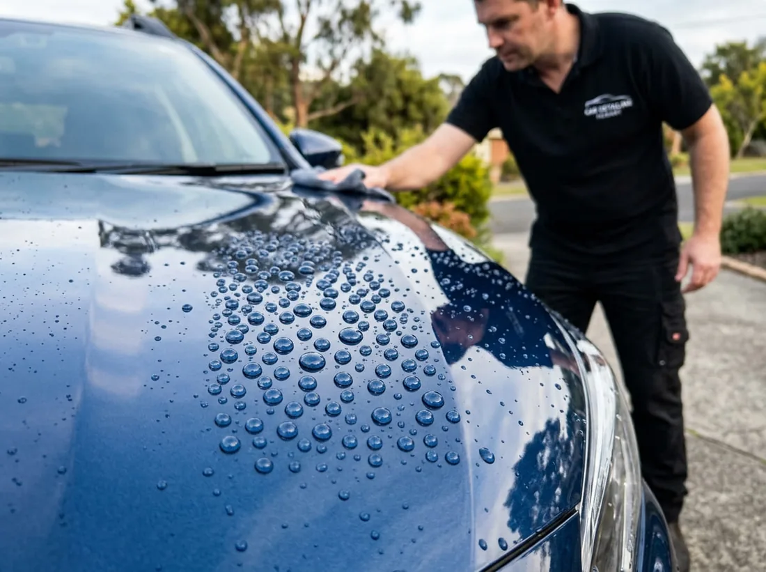 Water beading on a car's paint, illustrating coastal air paint protection in Hobart