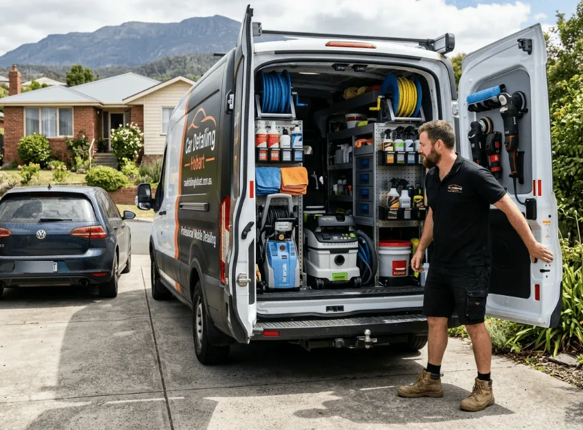 Mobile detailing van set up for a Hobart car care job near kunanyi/Mt Wellington